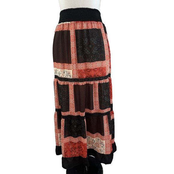 Langer Skirt sz Medium Dark Red Black Tiered Boho Lace Long Maxi Peasant Modest - Picture 1 of 14